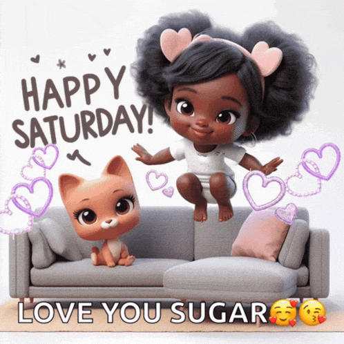 a happy saturday greeting with a doll and a cat