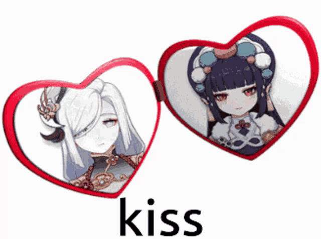two hearts with a picture of a girl and the word kiss underneath