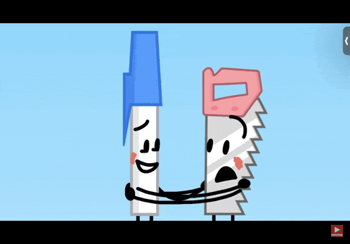 a cartoon drawing of a pen and a saw