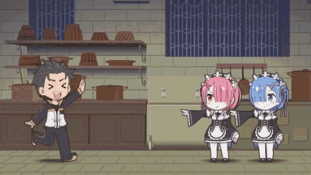 a man and two maids are standing in a kitchen
