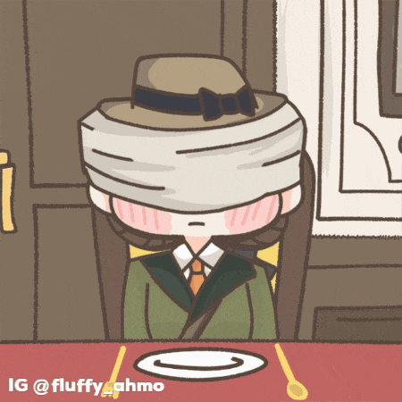 a cartoon of a man with a bandage on his head sitting at a table with a plate and spoon