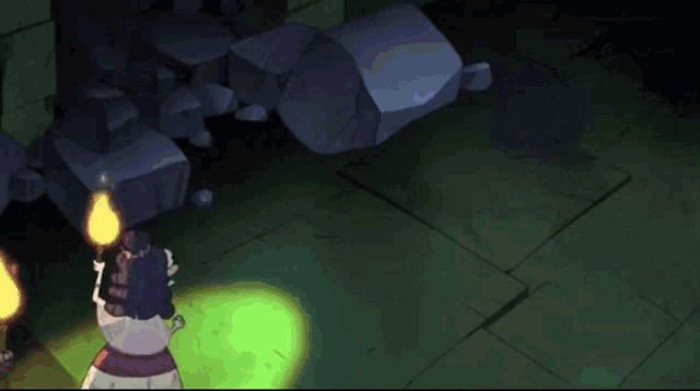 a cartoon character standing in a dark room with a green light shining on her