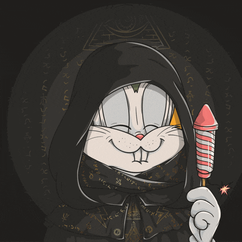 a cartoon of bugs bunny wearing a black hood and holding a firework