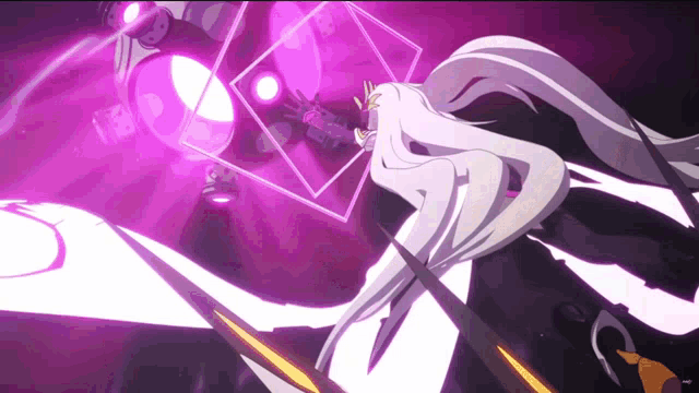 a girl with long white hair is holding a sword in front of a purple background