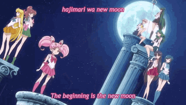 a group of girls standing on a tower with the words " the beginning is the new moon "