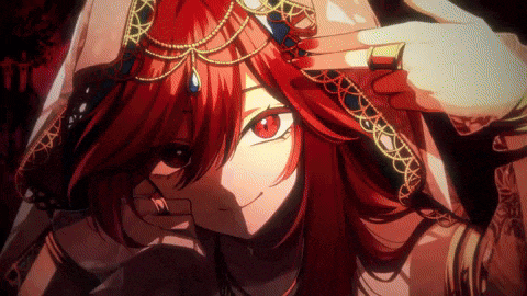 a girl with red hair and red eyes is wearing a headpiece