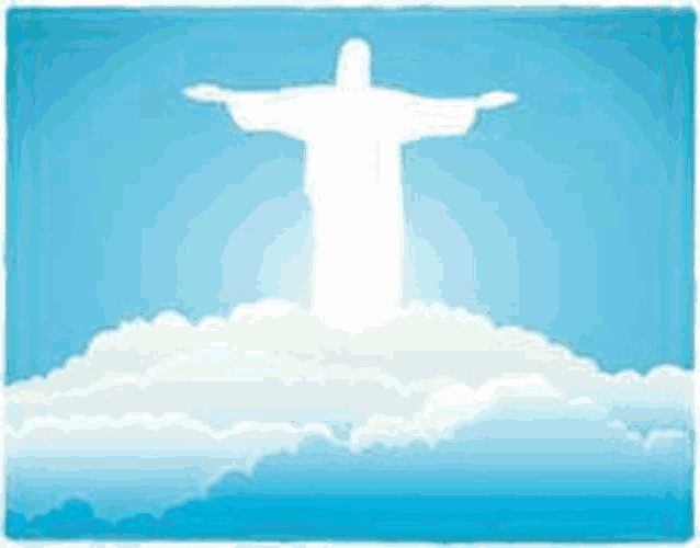 a statue of jesus is standing on top of a cloud .