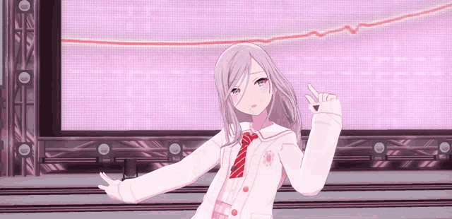 a girl in a white jacket and red tie is pointing at something .