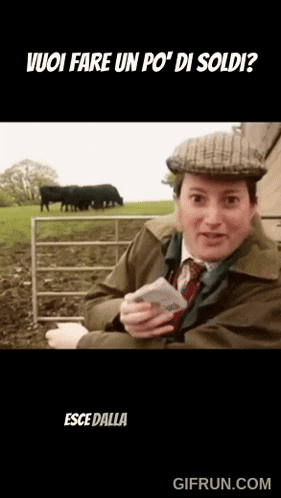 a man holding a piece of paper in front of a herd of cows with the words vuoi fare un po di soldi