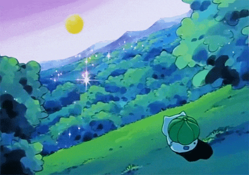 a cartoon drawing of a pokemon in a forest with a yellow sun in the background