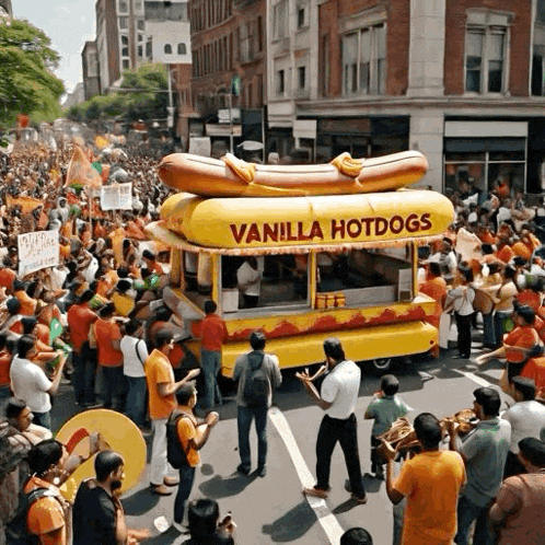 a crowd of people gathered around a vanilla hotdog truck
