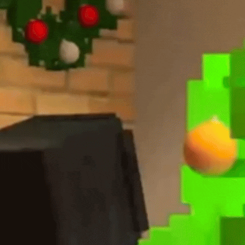 a christmas tree made out of minecraft blocks is sitting next to a brick wall .