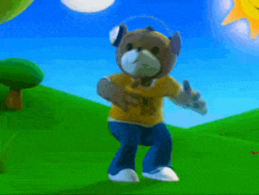 a teddy bear wearing headphones and a yellow shirt with the letter k on it is dancing