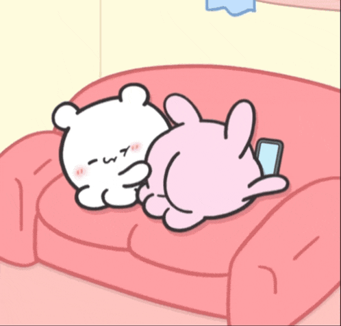 a cartoon of a bear and a bunny laying on a couch