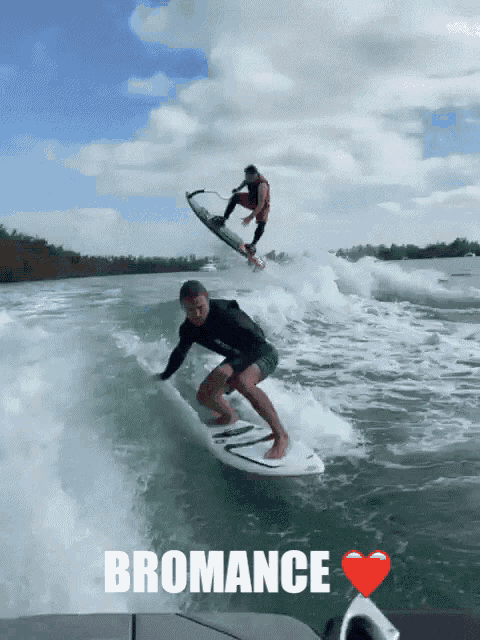 a man is riding a wave on a surfboard with the word bromance written below him