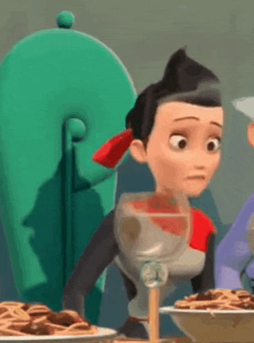 a cartoon character is sitting at a table with a plate of food .