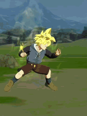 a cartoon character with yellow hair and brown shorts is standing on a grassy field
