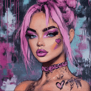 a painting of a woman with pink hair and a choker that says ' i love you '