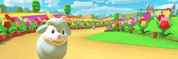 a cartoon sheep is standing in front of a flower field