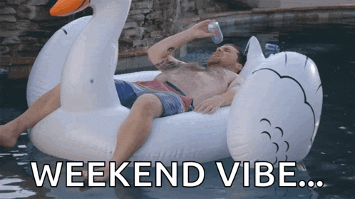 a man is laying on an inflatable swan in a pool with the words weekend vibe written below him