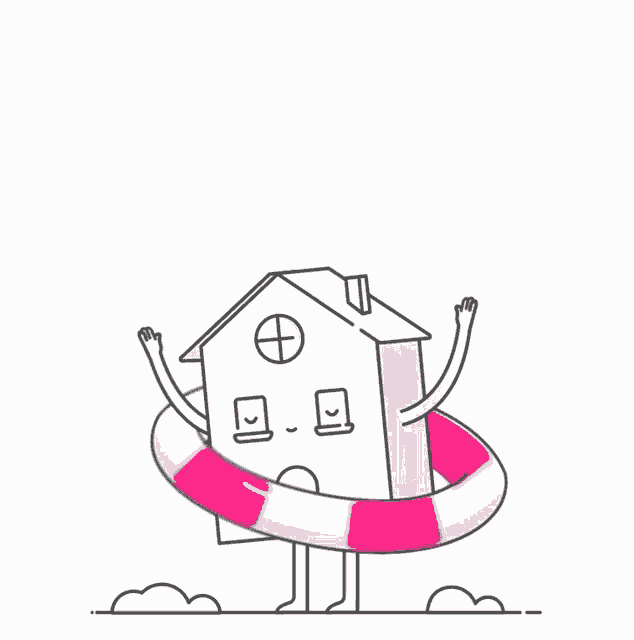 a line drawing of a house with a life preserver around its neck
