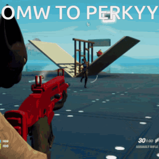 a person holding a red gun with the words omw to perkyy on the top