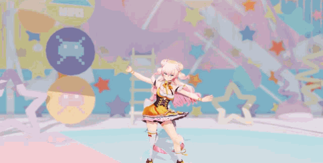 a girl with long pink hair is dancing in front of a pink circle with chinese writing