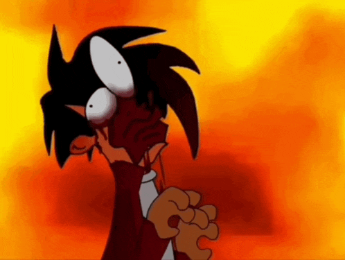 a cartoon character is making a funny face in front of flames
