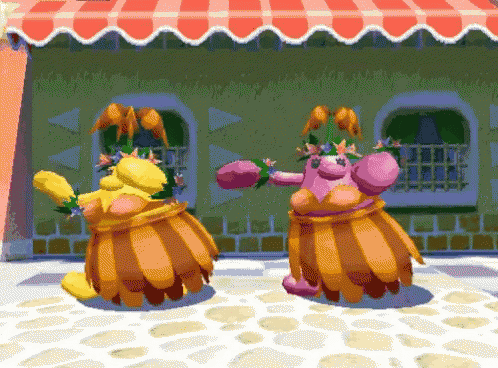a couple of cartoon characters dancing in front of a building