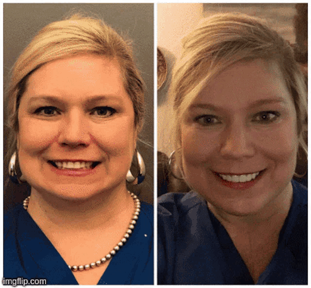 a before and after photo of a woman with a pearl necklace and earrings