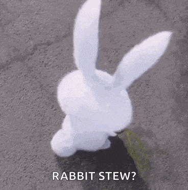 a white rabbit is standing on the ground and looking up at something .