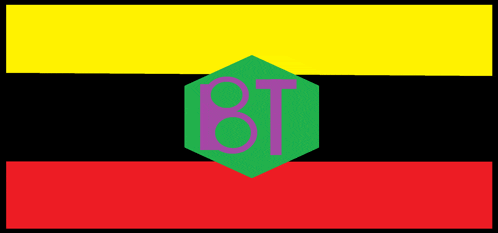 a colorful flag with the letters bt in a green hexagon