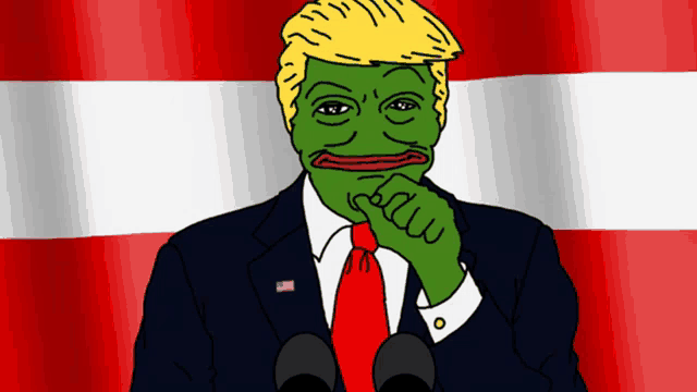 a cartoon of donald trump in front of a red and white flag