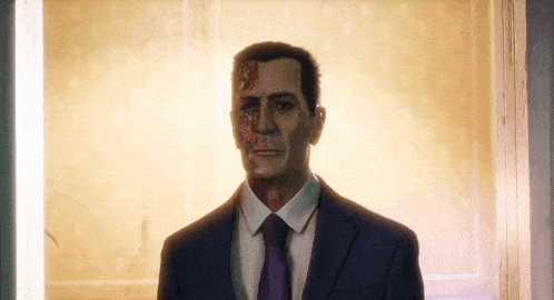 a man in a suit and tie with blood on his face stands in front of a window