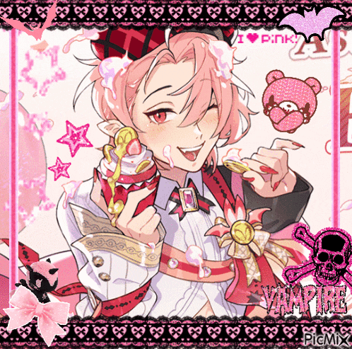 a picture of a girl with pink hair and the words vampire