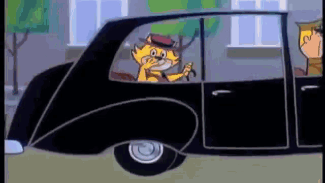 a cartoon cat is driving a black car