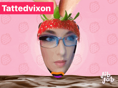 a picture of a woman with a strawberry on her head and the name tattedvixon on the top