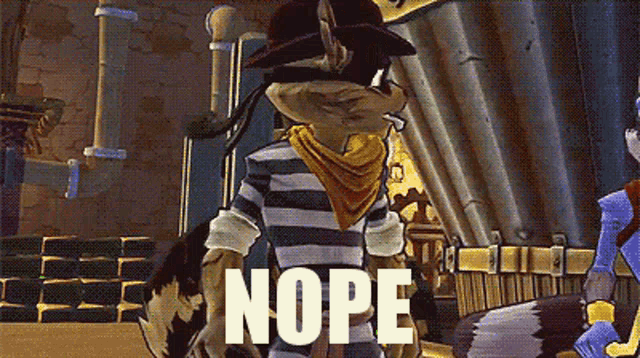 a cartoon character with the word nope written on the bottom