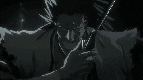 a black and white drawing of a man holding a sword in his hand