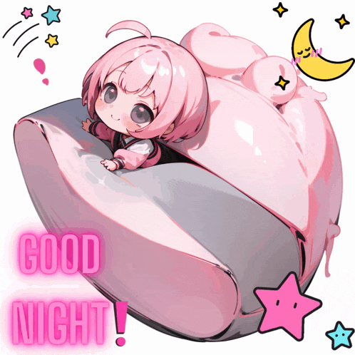a girl with pink hair is laying on a pillow with the words good night