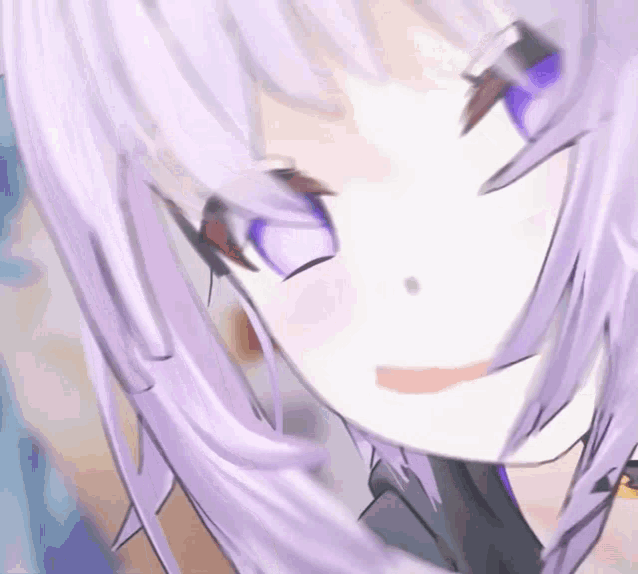 a close up of a 3d anime girl with purple hair and purple eyes .