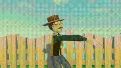 a cartoon character is leaning over a wooden fence .