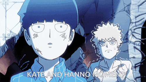 two cartoon characters are standing next to each other and the words kate and hanno moment are on the bottom