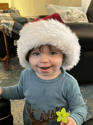 a baby wearing a santa hat and holding a flower