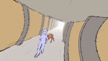 a drawing of a person walking through a hallway