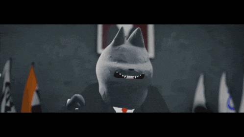 a cartoon cat in a suit and tie stands in front of a row of flags