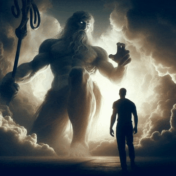 a man stands in front of a giant statue of a man with a trident