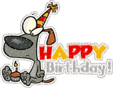 a cartoon dog wearing a party hat holds a cupcake with a lit candle and the words happy birthday
