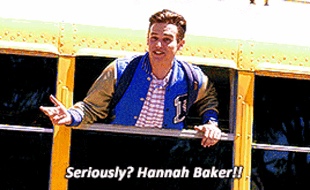 a man in a blue jacket is talking to hannah baker on a school bus