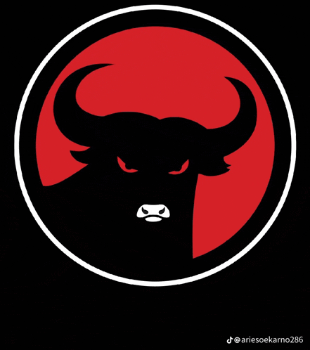 a black bull in a red circle with ariesoekarno286 below it